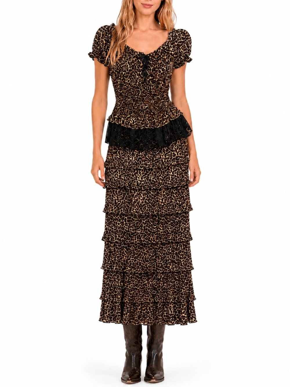 Marrika Nakk Outfit Leopard Tiered Midi Skirt Top One Size Western Cowgirl Gypsy